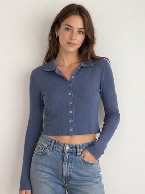 Brandy Melville Caroline Button Fly Ribbed Long Sleeve Vintage Blue Crop Top